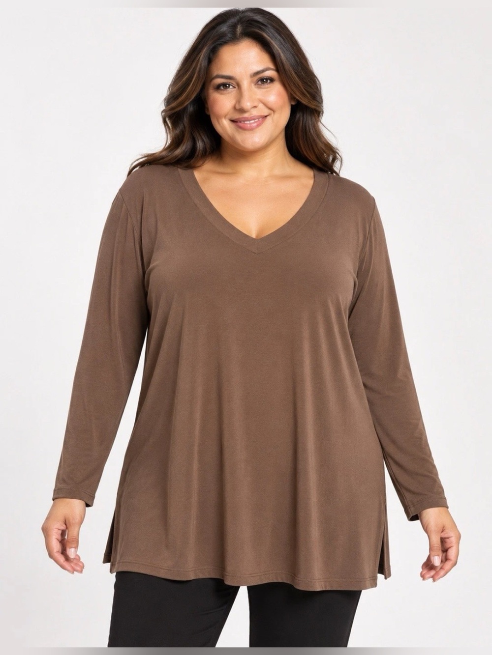 Susan Graver Liquid Knit V-Neck Tunic Cocoa XL A544666